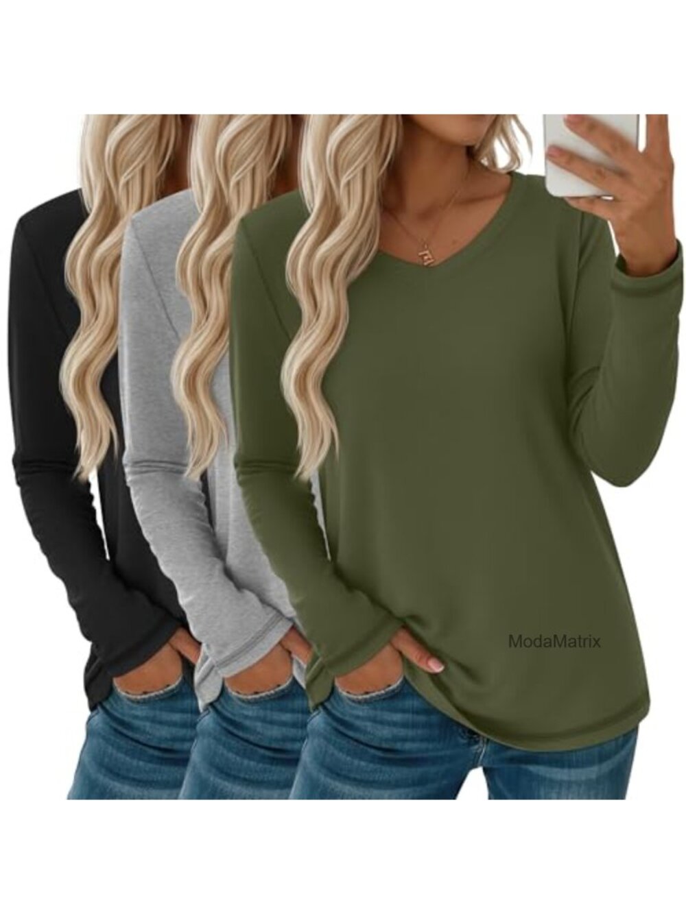 3 Pack Women's Long Sleeve V-Neck T-Shirts, Soft Stretchy, Classic Basic Tee,